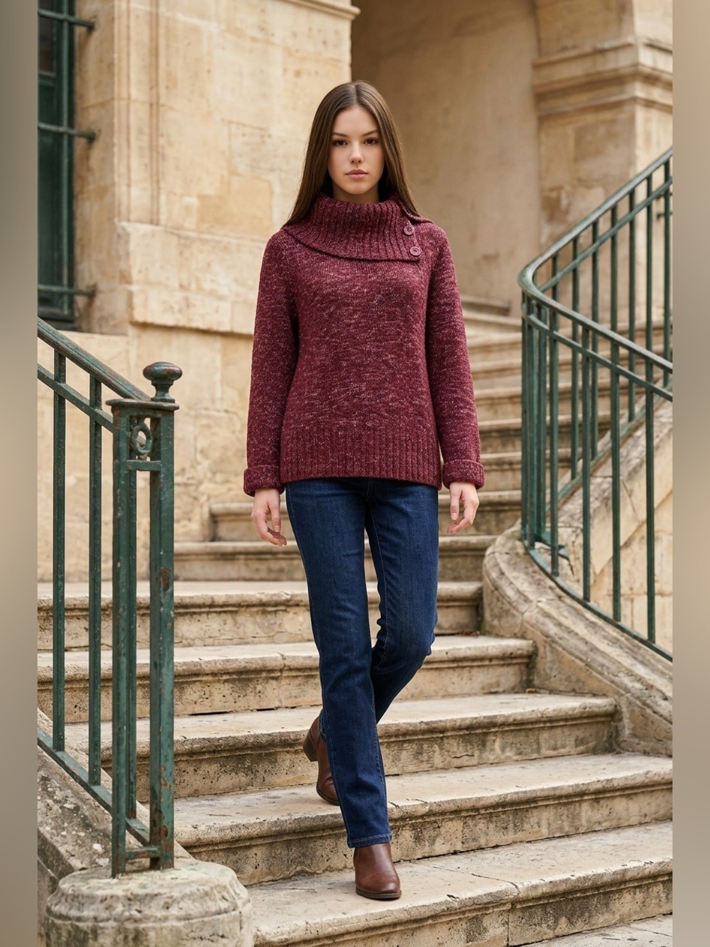 Jones New York Sport Maroon Chunky Knit Cowl Neck Sweater M Burgundy Button